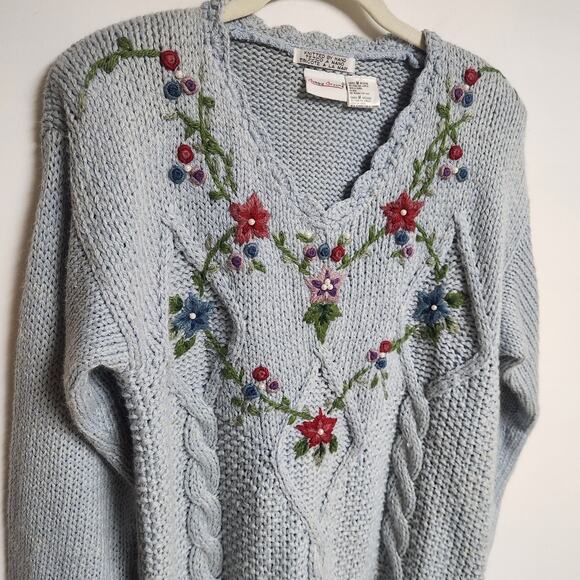 Vtg Bobbie Brooks Hand Knit Embroidered Sweater Womens Medium Cottagecore Floral - Picture 2 of 16
